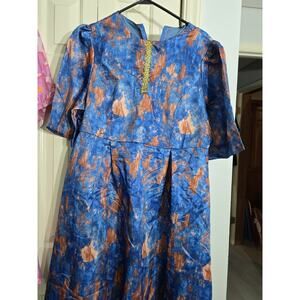 Colorful Blue/Orang Muted Abstract Dress Insert At Hem Women's Sz XL Bust 42"